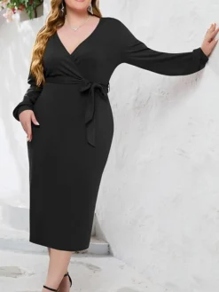 Women's Plus Size Party Dress Cocktail Dress Wedding Guest Dress Midi Dress Black Wine Blue Long Sleeve Pure Color Lace Up Spring Fall Winter V Neck Fashion Winter Dress Wedding Guest Birthday 2023 -HANs Plus Size Style Shop mcdrdd1691738735194