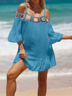 Women's Cover Up Beach Dress Beach Wear Mini Dress Ruffle Backless Ethnic Casual Floral Spaghetti Strap 3/4 Length Sleeve Loose Fit Outdoor Daily Black White 2023 Spring Summer One Size -HANs Plus Size Style Shop mcjhkv1672903084110