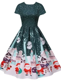 Women's Christmas Knee Length Dress Green Black Red Short Sleeve Print Print Fall Winter Round Neck Casual Vintage2021 S M L XL XXL -HANs Plus Size Style Shop mckiei1629971724577