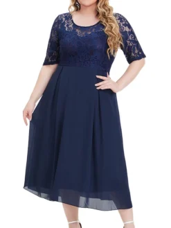 Women's Plus Size Curve Party Dress Lace Dress Sheath Dress Solid Color Midi Dress Short Sleeve Lace Patchwork Crew Neck Fashion Wedding Dark Blue Spring Fall XL XXL 3XL 4XL 5XL