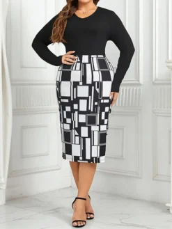 Women's Plus Size Curve Party Dress Winter Dress Bodycon Geometric Midi Dress Long Sleeve Patchwork Print V Neck Fashion Party Black Fall Winter XL XXL 3XL 4XL -HANs Plus Size Style Shop mczztj1695096077222