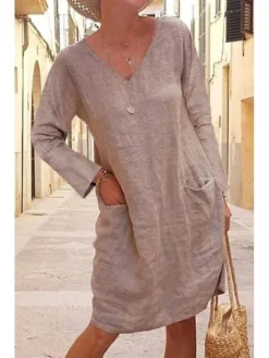 Women's Linen Dress Shift Dress Knee Length Dress Black Yellow Khaki Long Sleeve Pure Color Winter Fall V Neck Basic Winter Dress Weekend Fall Dress Loose Fit 2023 S M L XL XXL 3XL 4XL 5XL -HANs Plus Size Style Shop mdomta1598325323175