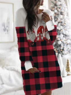 Women's Christmas Hoodie Dress Winter Dress Mini Dress Wine Fuchsia Red Navy Blue Long Sleeve Plaid Elk Tree Pocket Print Winter Fall Hooded Casual Loose Fit 2022 S M L XL XXL 3XL