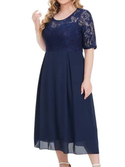 Women's Plus Size Party Dress Lace Dress Cocktail Dress Midi Dress Dark Blue Half Sleeve Pure Color Lace Fall Winter Autumn Crew Neck Fashion Winter Dress Wedding Guest Vacation 2023 XL XXL 3XL 4XL -HANs Plus Size Style Shop menvna1693296918406