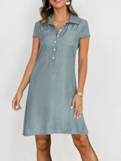 Women's Casual Dress Denim Shirt Dress Midi Dress Denim Classic Modern Outdoor Daily Vacation Shirt Collar Button Pocket Short Sleeve Spring Fall 2023 Loose Fit Black Navy Blue Blue Plain S M L XL 2XL -HANs Plus Size Style Shop mexavd1686030497225