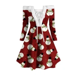 Women's Christmas Swing Dress Vintage Dress Mini Dress Green Light Green Wine Red Navy Blue White Long Sleeve Snowman Tree Snowflake Backless Feather Print Winter Fall Off Shoulder Vacation Stylish -HANs Plus Size Style Shop meysnt1666597246750