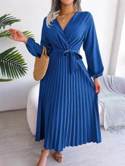 Women's Casual Dress Swing Dress Long Dress Maxi Dress Black Red Royal Blue Long Sleeve Pure Color Lace Up Spring Fall Winter V Neck Fashion 2023 S M L XL -HANs Plus Size Style Shop mftdku1670581801206