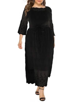 Women‘s Plus Size Curve Prom Dress Party Dress Lace Dress Long Dress Maxi Dress Black 3/4 Length Sleeve Pure Color Lace Summer Spring Fall Square Neck Fashion Winter Dress Birthday Evening -HANs Plus Size Style Shop mgfxwf1691399449863