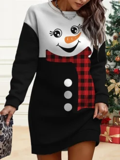 Women's Christmas Casual Dress Sweatshirt Dress Mini Dress Warm Fashion OutdoorVacation Crew Neck Print Snowman Loose Fit Black White Burgundy S M L XL XXL