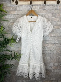 Women's Casual Dress Lace Dress White Dress Mini Dress Lace Up Street Holiday Vacation Fashion Streetwear V Neck Short Sleeve 2023 Slim White Color S M L XL XXL Size -HANs Plus Size Style Shop mgsjih1685436060766