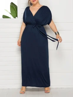 Women's Plus Size Curve Party Dress Sheath Dress Formal Dress Maxi Dress White Wine Royal Blue Short Sleeve Pure Color Lace Up Spring Fall Autumn V Neck Fashion Birthday Wedding Guest Vacation