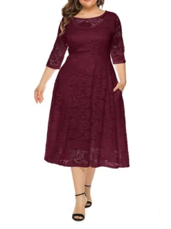 Women's Plus Size Curve Party Dress Lace Dress Semi Formal Dress Solid Color Midi Dress 3/4 Length Sleeve Lace Patchwork Crew Neck Fashion Wedding Light Yellow Black Spring Fall XL XXL 3XL 4XL 5XL -HANs Plus Size Style Shop mhjnvf1693533325488