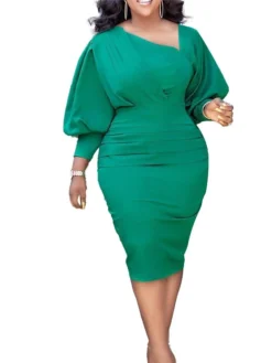 Women‘s Plus Size Curve Holiday Dress Solid Color V Neck Ruched Long Sleeve Fall Winter Work Knee Length Dress Work Weekend Dress -HANs Plus Size Style Shop mhkony1647508311529