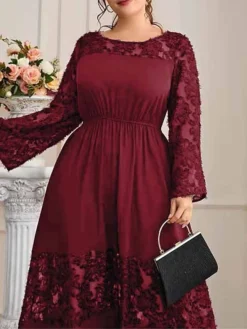 Women's Plus Size Prom Dress Party Dress Wedding Guest Dress Long Dress Maxi Dress Wine Long Sleeve Pure Color Ruched Fall Winter Autumn Crew Neck Fashion Winter Dress Wedding Guest Evening Party -HANs Plus Size Style Shop mhxnnh1693207121588