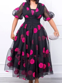 Women‘s Plus Size Curve Holiday Dress Floral V Neck Mesh Puff Sleeve Short Sleeve Fall Spring Prom Dress Maxi Long Dress Holiday Date Dress Print -HANs Plus Size Style Shop mjdmfo1659509645790