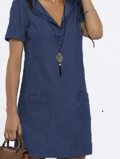 Women's Denim Dress Shirt Dress Mini Dress Date Vacation Going Out Denim Stylish Modern V Neck Pocket Short Sleeve Summer Spring 2023 Regular Fit Dark Blue Light Blue Pure Color S M L XL XXL -HANs Plus Size Style Shop mjisnh1659953168896