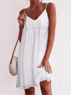 Women's Lace Dress Mini Dress Tassel Fringe Going Out Fashion V Neck Sleeveless 2023 Regular Fit Black White Wine Color S M L XL XXL Size