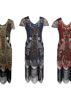 Women's Retro 1920s Fringe Dress Midi Dress Party Holiday Sequins Tassel Fringe Leaf V Neck Short Sleeve Regular Fit Spring Fall 2023 Red Blue S M L XL
