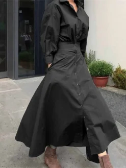 Women's Shirt Dress Casual Dress Maxi Long Dress Outdoor Daily Vacation Cotton Basic Classic Shirt Collar Button Long Sleeve Summer Spring Fall 2023 Loose Fit Black Sky Blue Khaki Pure Color S M L XL