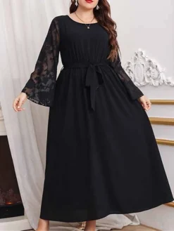 Women's Plus Size Curve Prom Dress Party Dress Wedding Guest Dress Long Dress Maxi Dress Black Long Sleeve Pure Color Lace Up Fall Winter Autumn Crew Neck Fashion Evening Party Wedding Guest -HANs Plus Size Style Shop mjvpxx1693210774535