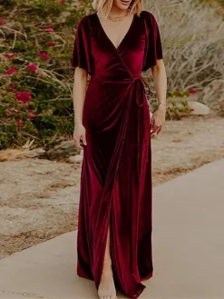 Women's Christmas Dress Casual Dress Velvet Dress Long Dress Maxi Dress Lace Up Split Outdoor Christmas Daily Fashion Elegant V Neck Short Sleeve 2023 Regular Fit Black Wine Gold Color S M L XL XXL -HANs Plus Size Style Shop mjwwcy1693897061875