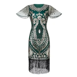 Women's Retro 1920s Fringe Dress Midi Dress Party Halloween Sequins Tassel Fringe Floral V Neck Short Sleeve Regular Fit Spring Fall 2023 Silver Black S M L XL -HANs Plus Size Style Shop mkhckw1692849710492