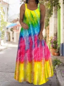 Women‘s Plus Size Curve Casual Dress Strap Dress Tie Dye Long Dress Maxi Dress Sleeveless Print Strap Fashion Outdoor Yellow Red Summer Spring L XL XXL 3XL 4XL -HANs Plus Size Style Shop mkowfp1680078124725