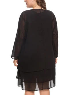 Women‘s Plus Size Curve Casual Dress Solid Color Crew Neck Mesh Long Sleeve Spring Fall Casual Knee Length Dress Daily Vacation Dress -HANs Plus Size Style Shop mkqedw1691044057454