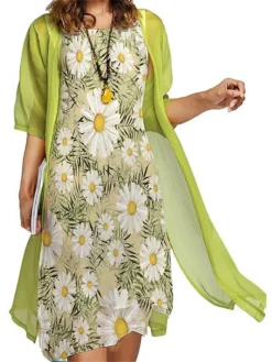 Women‘s Plus Size Curve Casual Dress Dress Set Two Piece Dress Floral Midi Dress Half Sleeve Print Crew Neck Fashion Daily Yellow Blue Summer Spring L XL XXL 3XL 4XL