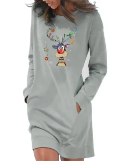 Women‘s Christmas Hoodie Dress Winter Dress Light Blue Grey White Long Sleeve Elk Snowflake Pocket Print Winter Fall Crew Neck Stylish Casual 2022 S M L XL 2XL / Cotton -HANs Plus Size Style Shop mkrits1666676644846