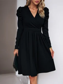 Women's Casual Dress Plain Dress Empire Waist Dresses Midi Dress Ruched Outdoor Daily Holiday Fashion Modern V Neck Long Sleeve 2023 Regular Fit Black Green Khaki Color S M L XL Size -HANs Plus Size Style Shop mkwyae1692081750978