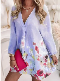 Women‘s Plus Size Curve Apple Shaped Dress Casual Dress Floral V Neck Print Long Sleeve Winter Fall Stylish Casual Mini Dress Daily Vacation Dress Weekend -HANs Plus Size Style Shop mkzhub1638498093209