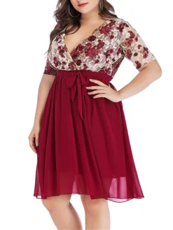 Women‘s Plus Size Curve Party Dress Cocktail Dress Wedding Guest Dress Midi Dress Black Wine Short Sleeve Floral Lace Up Summer Spring Fall V Neck Fashion Birthday Wedding Guest Vacation 2023 -HANs Plus Size Style Shop mljusv1691399400902