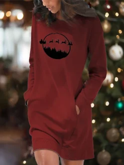 Women's Casual Dress Christmas Dress Sweatshirt Dress Santa Claus Ugly Christmas Pocket Print Crew Neck Mini Dress Fashion Streetwear Outdoor Christmas Long Sleeve Loose Fit Dark Red Red Burgundy -HANs Plus Size Style Shop mlxbiw1694675790715