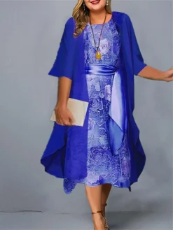 Women‘s Plus Size Curve Casual Dress Dress Set Two Piece Dress Floral Midi Dress 3/4 Length Sleeve Crew Neck Fashion Daily Pink Wine Summer Spring L XL XXL 3XL 4XL -HANs Plus Size Style Shop mlybje1678845339619