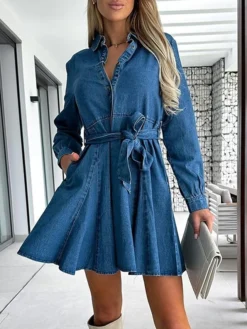 Women's Denim Dress Casual Dress Mini Dress Denim Fashion Casual Outdoor Daily Shirt Collar Button Drawstring Long Sleeve Spring Fall Winter 2023 Loose Fit Blue Plain S M L XL -HANs Plus Size Style Shop mmaszb1692244530890