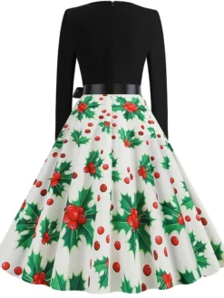 Women's Christmas Retro 1950s Vintage Dress Midi Dress Party Ruched Bow Fruit V Neck Long Sleeve Regular Fit Fall Winter 2023 Deep Green Black S M L XL -HANs Plus Size Style Shop mmtair1695363826853