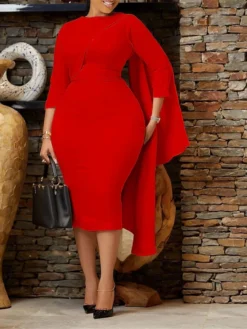 Women‘s Plus Size Curve Work Dress Bodycon Sheath Dress Solid Color Midi Dress Long Sleeve Crew Neck Fashion Outdoor White Red Fall Spring L XL XXL 3XL -HANs Plus Size Style Shop mmxzyf1676871088768
