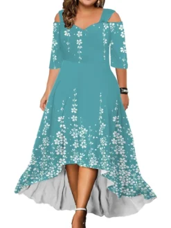 Women‘s Plus Size Curve Party Dress Wedding Guest Dress Swing Dress Long Dress Maxi Dress Light Green Fuchsia Green Half Sleeve Floral Cold Shoulder Summer Spring Fall V Neck Fashion Birthday -HANs Plus Size Style Shop mnixdk1690858068468