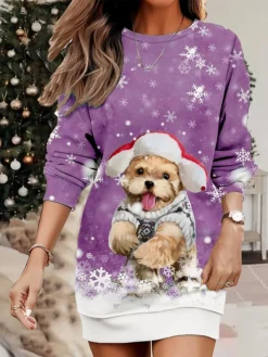 Women's Christmas Casual Dress Sweatshirt Dress Mini Dress Warm Fashion Outdoor Vacation Crew Neck Print Animal Loose Fit Blue Purple Green S M L XL XXL -HANs Plus Size Style Shop mnnudu1695365440022