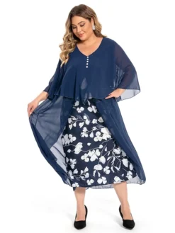 Women's Plus Size Curve Work Dress Floral V Neck Ruched 3/4 Length Sleeve Spring Summer Work Elegant Midi DressLayered Formal Vacation Dress -HANs Plus Size Style Shop mnoqqp1694765022001
