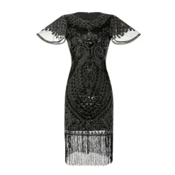 Women's Retro 1920s Fringe Dress Midi Dress Party Halloween Sequins Tassel Fringe Floral V Neck Short Sleeve Regular Fit Spring Fall 2023 Silver Black S M L XL -HANs Plus Size Style Shop mnwwvl1692849707671