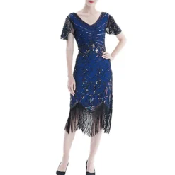 Women's Retro 1920s Fringe Dress Midi Dress Party Halloween Sequins Tassel Fringe Floral V Neck Short Sleeve Regular Fit Spring Fall 2023 Black Red S M L XL -HANs Plus Size Style Shop mnyqed1692849726133