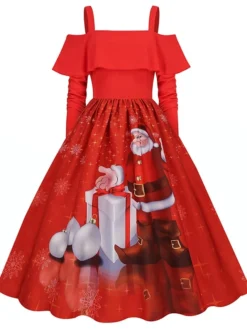 Women's Christmas Swing Dress Slip Dress Vintage Dress Midi Dress Black Wine Light Red Long Sleeve Santa Claus Cold Shoulder Winter Fall Autumn Spaghetti Strap Modern Vacation 2022 S M L XL XXL 3XL -HANs Plus Size Style Shop moafyf1667793478565