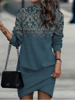 Women‘s Sweatshirt Dress Winter Dress Blue Black Long Sleeve Floral Print Winter Fall Stand Collar Stylish Casual Fall Dress 2022 S M L XL