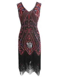 Women's Retro 1920s Fringe Dress Midi Dress Party Halloween Sequins Tassel Fringe Leaf V Neck Sleeveless Regular Fit Spring Fall 2023 Black Wine S M L XL -HANs Plus Size Style Shop mpbach1692948657506