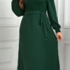Women's Plus Size Curve Party Dress Winter Dress Sheath Dress Plain Midi Dress Long Sleeve Lace Up Ruched V Neck Fashion Party Green Fall Winter XL XXL 3XL 4XL