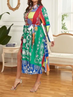 Women's Plus Size Shirt Dress Casual Dress Midi Dress Outdoor Daily Date Polyester Basic Classic Shirt Collar Button Tie Belt Long Sleeve Spring Fall Winter 2023 Loose Fit Green Geometric Color Block -HANs Plus Size Style Shop mpkqgu1693535888836