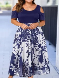 Women‘s Plus Size Curve Holiday Dress Print Crew Neck Print Short Sleeve Fall Spring Casual Maxi Long Dress Daily Dress