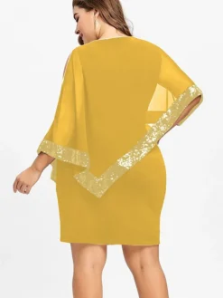 Women‘s Plus Size Curve Sequin Dress Work Dress Sheath Dress Solid Color Mini Dress Long Sleeve Crew Neck Fashion Evening Party Black Yellow Summer Spring L XL XXL 3XL 4XL -HANs Plus Size Style Shop mpujas1690366133388